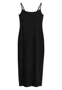 Čierne šaty bez rukávov z rebrového materiálu, s tenkými ramienkami a priliehavým strihom po kolená so strihom rovného okraja.