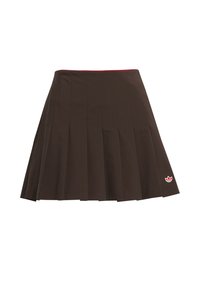Brown pleated skirt with a red waistband and small embroidered logo on the lower right. Made of a smooth fabric with a simple design.