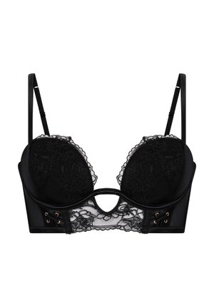 Zwarte beha met kanten details, gevormde cups en een uitgesneden middenstuk. Voorzien van verstelbare bandjes en decoratieve veters met roségouden accenten.