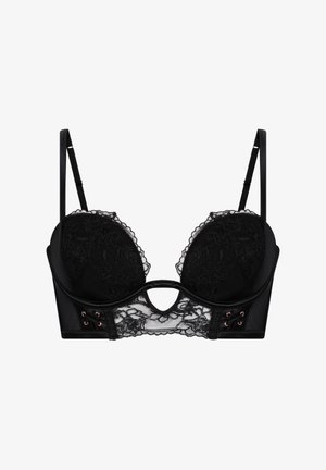 Black bra with lace detailing, molded cups, and a cut-out center. Features adjustable straps and decorative lacing with rose gold hardware.