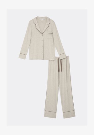 Hellgrauer Pyjama-Set aus weichem Stoff. Verfügt über ein knöpfbares Oberteil mit einer Brusttasche und passenden Hosen mit einem Kordelzugbund und kontrastierenden Verzierungen.