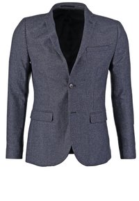 Blazer homme bleu marine texturé avec deux poches à rabat sur le devant, une poche poitrine, des revers crantés et une fermeture à un bouton.