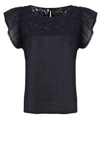 Haut bleu marine avec un design texturé à pois et de la dentelle aux épaules et dans le dos. Manches courtes et encolure ronde complètent ce modèle.