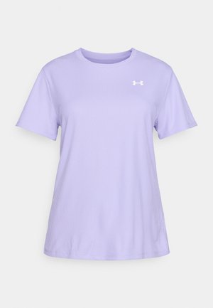 Hellblaues T-Shirt mit kurzen Ärmeln, geripptem Material und rundem Halsausschnitt. Mit einem kleinen weißen Logo auf der Brust.