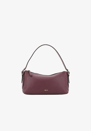 Burgundy leather shoulder bag with a smooth texture, rounded shape, and zipper closure. Features a single strap and gold logo accent.