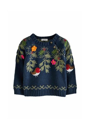 Navy gestrickter Pullover mit bestickten Vögeln, Blättern und Blumen. Gerippter Halsausschnitt und Bündchen mit Knopfdetail an der Schulter.