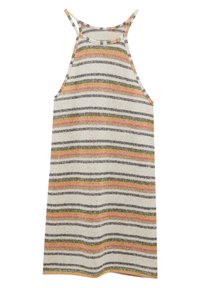 Robe sans manches rayée avec des lignes multicolores en beige, orange, gris et vert. Tissu tricot doux ; coupe fluide et décontractée.