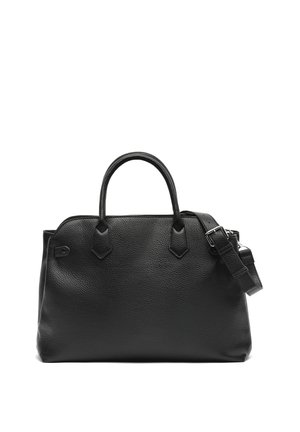 Borsa a mano nera in pelle con due manici e una tracolla regolabile, mostrata su sfondo bianco.