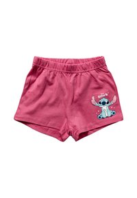 Shorts pour enfants roses avec un waist band élastique, arborant un personnage de dessin animé Stitch bleu et de petits cœurs blancs sur la jambe droite.