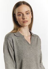 Grauer V-Ausschnitt-Pullover mit weicher Textur, klassischem Kragen und langen Ärmeln. Der Stoff wirkt leicht und geschmeidig.
