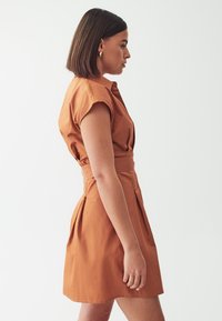 Kurzärmeliges, rostfarbenes Kleid mit tailliertem Schnitt und plissiertem Rock. Hergestellt aus Baumwollstoff mit glatter Textur und Knopfdetails.