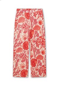 Pantalon crème à jambes larges avec motif imprimé corail rouge et coquillages, taille mi-haute et ourlet droit.