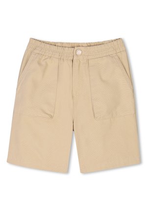 Shorts beiges en tissu tissé, dotés d'une taille élastique, de deux poches avant et d'une fermeture à bouton au centre.