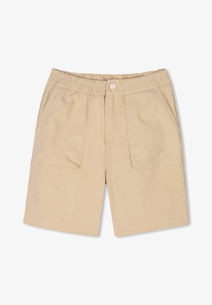 Beige shorts gemaakt van geweven stof, met een elastische tailleband, twee frontzakken en een knoopsluiting in het midden.