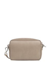 Borsa a tracolla in pelle beige con forma rettangolare, caratterizzata da una texture liscia, hardware in argento e una tracolla regolabile.