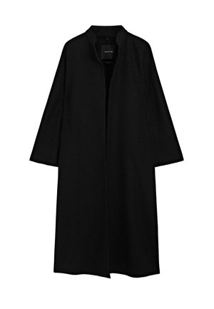 Cappotto lungo in lana nera, con apertura frontale, collo senza colletto e maniche lunghe dritte, progettato per una vestibilità rilassata.