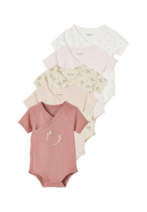 Five short-sleeve baby bodysuits in muted pink, cream, and white with floral and striped patterns, front snap closures, and V-necklines.