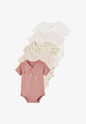 Five short-sleeve baby bodysuits in muted pink, cream, and white with floral and striped patterns, front snap closures, and V-necklines.
