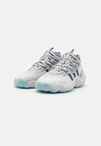 Lightweight athletic shoes with a textured white upper, gray accents, blue detailing, and a zigzag patterned rubber sole.