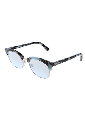 Occhiali da sole semi-cerchiati blu e neri con motivo tartarugato, sottile montatura in metallo argento e naselli trasparenti, con marchio Just Cavalli sulle aste.