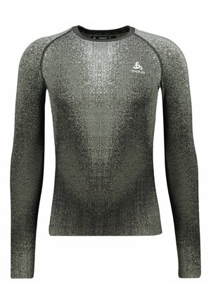 Langärmliges Sporthemd in Dunkelgrün mit einem strukturierten, verlaufenden Muster und reflektierendem Logo. Hergestellt aus dehnbarem, feuchtigkeitsableitendem Stoff.