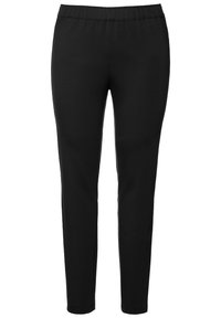 Pantalones elásticos negros con una cinturilla elástica, corte ajustado y textura suave. Sin bolsillos, detalles de costura mínimos.