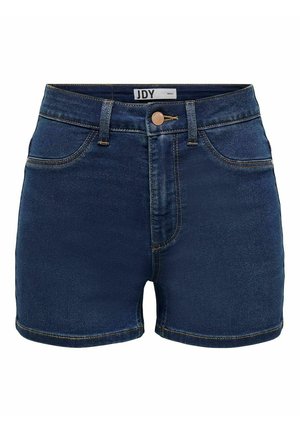 Donkerblauwe denimshorts met voorzakken, riemlussen en een knoopsluiting, gelabeld JDY maat small.