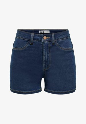 Pantalones cortos de denim azul oscuro con bolsillos delanteros, presillas para cinturón y cierre de botón, etiquetados como JDY talla pequeña.