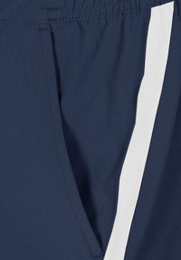 Navy shorts with a smooth texture, featuring a white side stripe and elastic waistband. Strong stitching detail visible along seams.