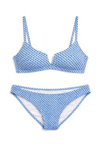 Maillot de bain deux pièces bleu et blanc à motifs, avec fines bretelles et haut en V, associé à un bas de bikini taille basse.