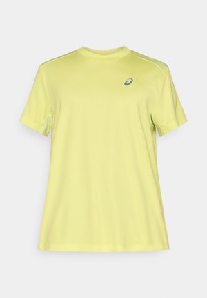 Gelbes kurzärmeliges Sportshirt aus leichtem, feuchtigkeitsableitendem Stoff mit rundem Ausschnitt und dezentem Logo auf der Brust.