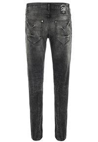 Slim-fit zwarte denim jeans met een vervaagd uiterlijk, voorzien van vijf zakken, subtiele wassing en een label aan de tailleband.
