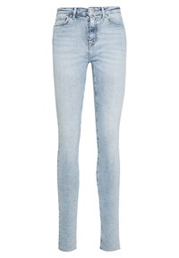 Ljusblåa skinny jeans i denim, med hög midja, femfickorsdesign och subtila blekningar över hela tyget.