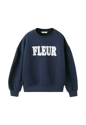 Marineblå sweatshirt med lange ærmer og "FLEUR" i store hvide bogstaver centreret på forsiden.