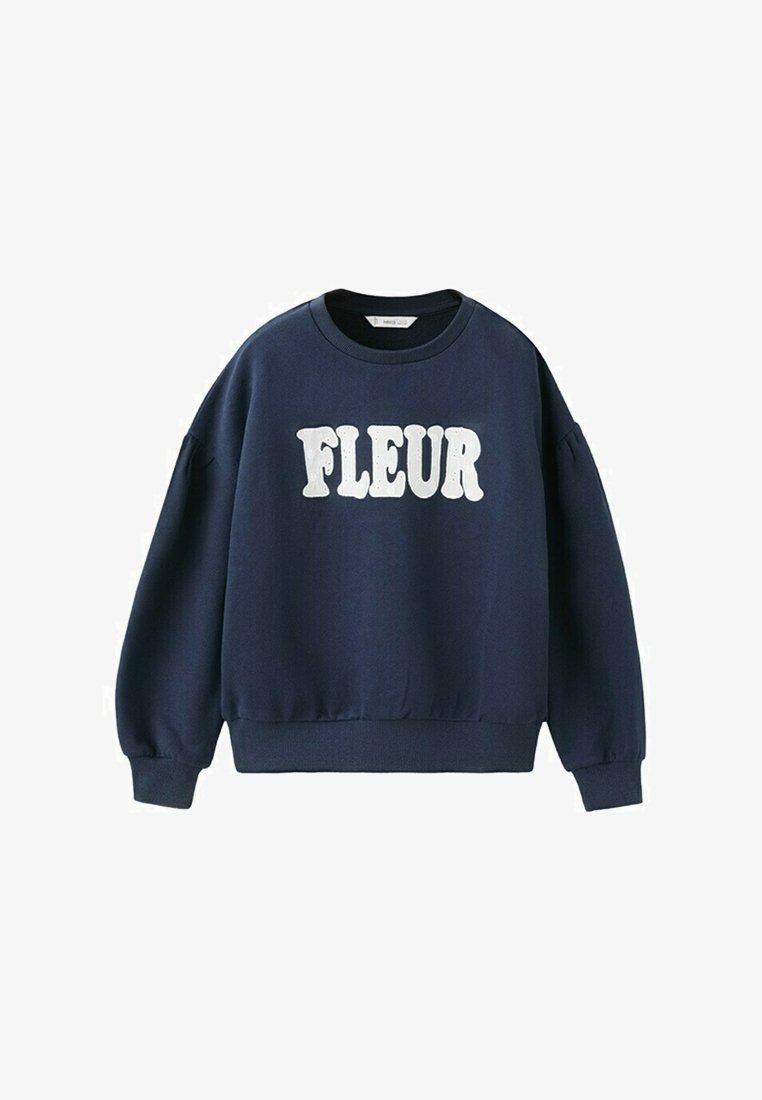 Marineblå sweatshirt med lange ærmer og "FLEUR" i store hvide bogstaver centreret på forsiden.