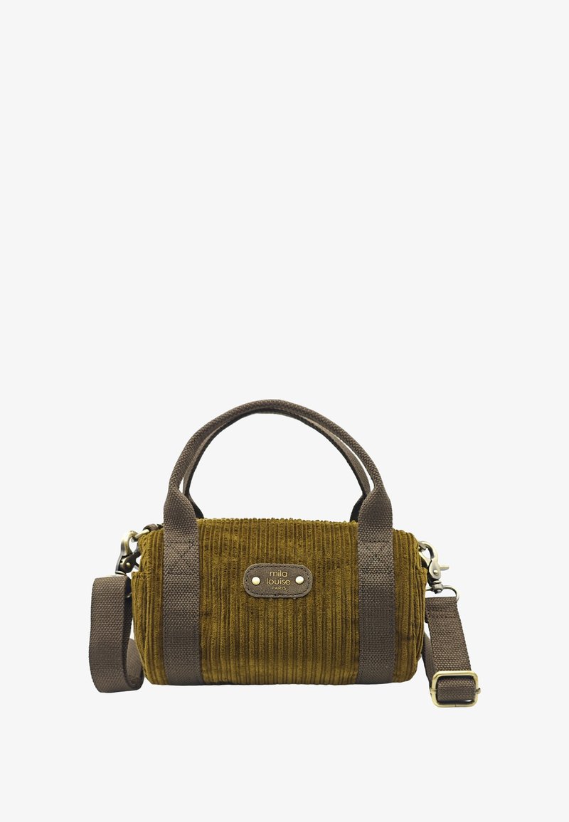 Sac en velours côtelé vert olive avec des détails en tissu ton sur ton, des poignées doubles et une bandoulière amovible ; présente une étiquette logo dorée.