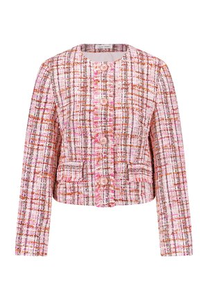 Rosa Tweed-Jacke mit karierter Musterung, sechs Knöpfen vorne, zwei Taschen und langen Ärmeln. Strukturierter, verkürzter Schnitt.