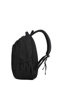 Sac à dos en tissu noir avec plusieurs compartiments zippés, un dos rembourré en mesh et des bretelles réglables ; comprend une poche avant en mesh.