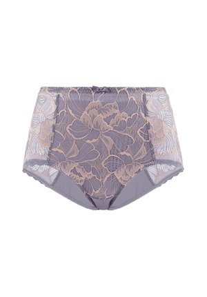 Hoog uitgesneden paarse kanten ondergoed met beige bloemmotieven en een klein strikje in het midden van de tailleband, met semi-transparante zijkanten.