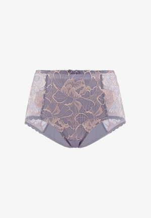 Biancheria intima viola a vita alta in pizzo con motivi floreali beige e un piccolo fiocco al centro della cintura, con lati semitrasparenti.