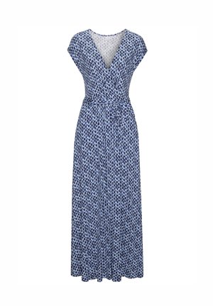 Maxi wikkeljurk in een blauw-witte stippenpatroon. Heeft korte mouwen, een V-hals, een verstelbare tailleband en een vloeiende silhoeet.