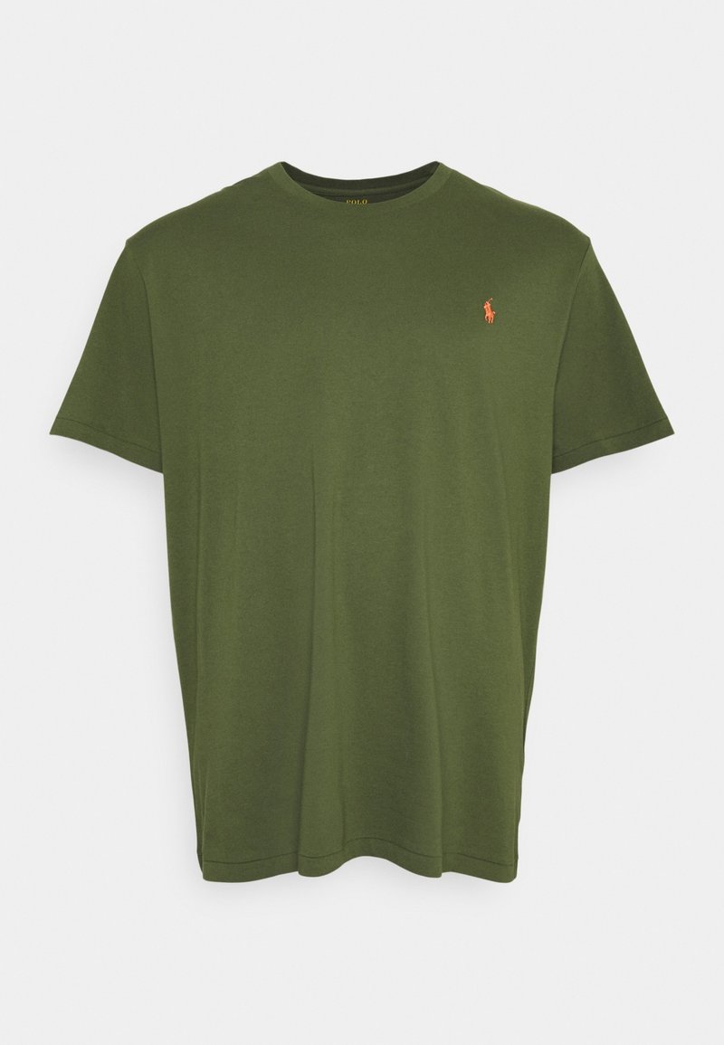 Olive green cotton T-shirt with short sleeves, crew neck, and a small embroidered logo on the left chest. Smooth texture, relaxed fit.