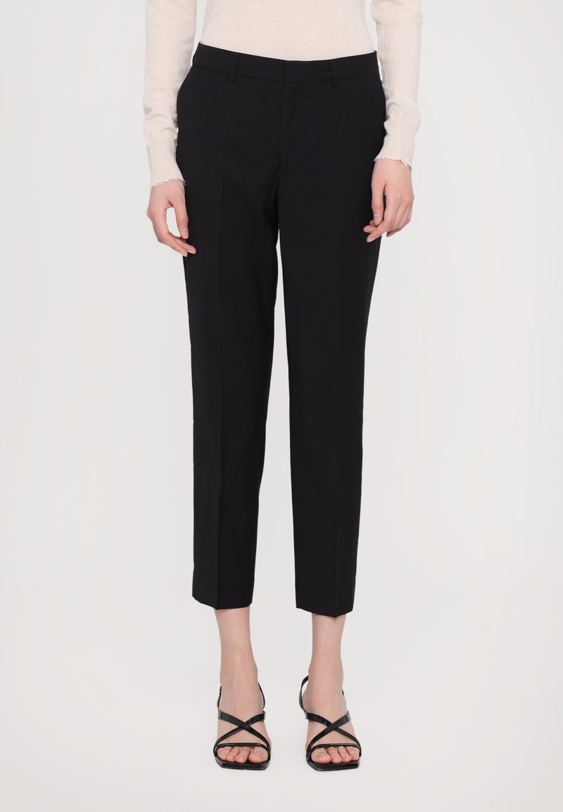 Black tailored trousers with a slim fit, cropped length, and smooth texture. Features a mid-rise waistband and subtle side pockets.
