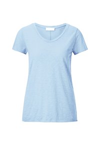Lyseblå kortærmet t-shirt med rund halsudskæring, lavet af et blødt, struktureret stof, med en afslappet pasform og uden synlige mønstre.