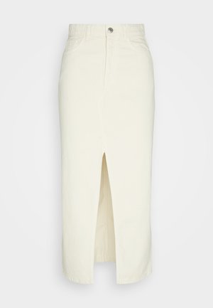 Bílé džínové midi sukně s předním rozparkem, designem s pěti kapsami a kovovým zapínáním. Hladká textura, vysoký pas, rovný silueta.