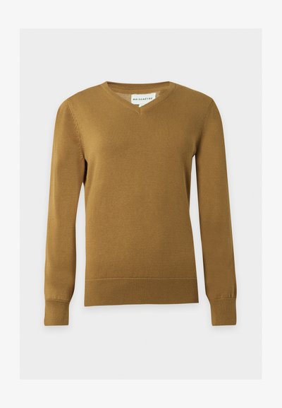 Pull en maille marron à col en V pour homme, manches longues, avec poignets et ourlet côtelés sur fond clair uni.