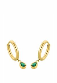 Guldörhängen med en slät, rundad design och en grön droppe hängande från varje ring.