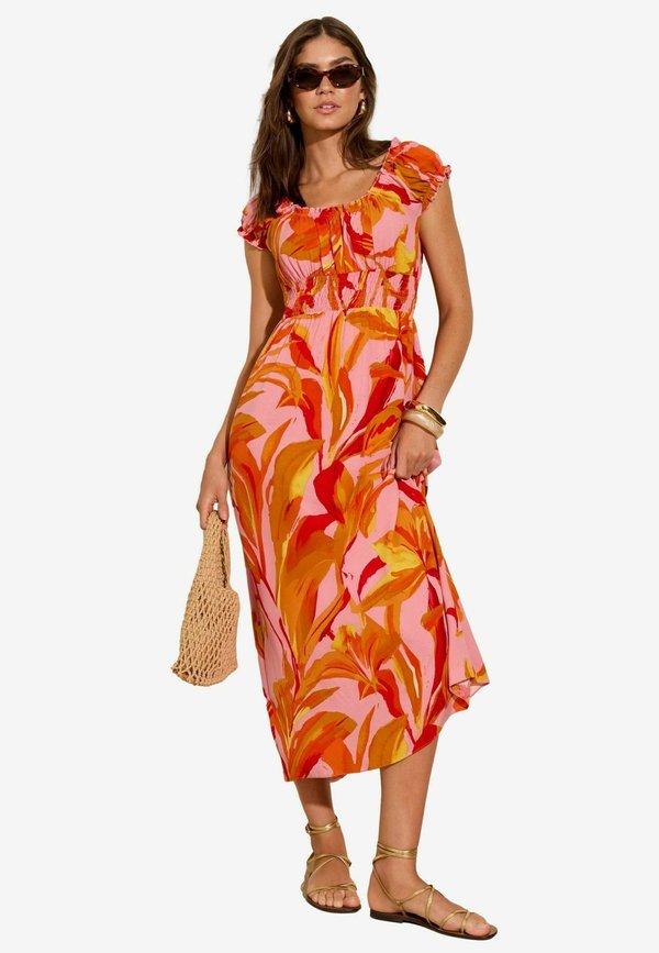 PETITE FIT - OFF THE SHOULDER SHIRRED WAIST MIDI - Freizeitkleid - orange