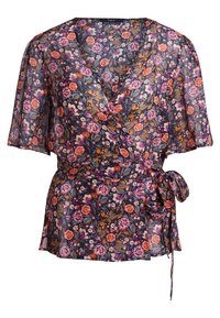Blumenwickelbluse aus transparenter Stoff, mit navyfarbener Basis und mehrfarbigen Blumen, kurzen Ärmeln und einem Bindeband in der Taille.