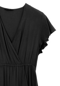 Abito nero con maniche a sbuffo corte, scollatura a V profonda e cintura elastica arricciata, mostrato su uno sfondo bianco.